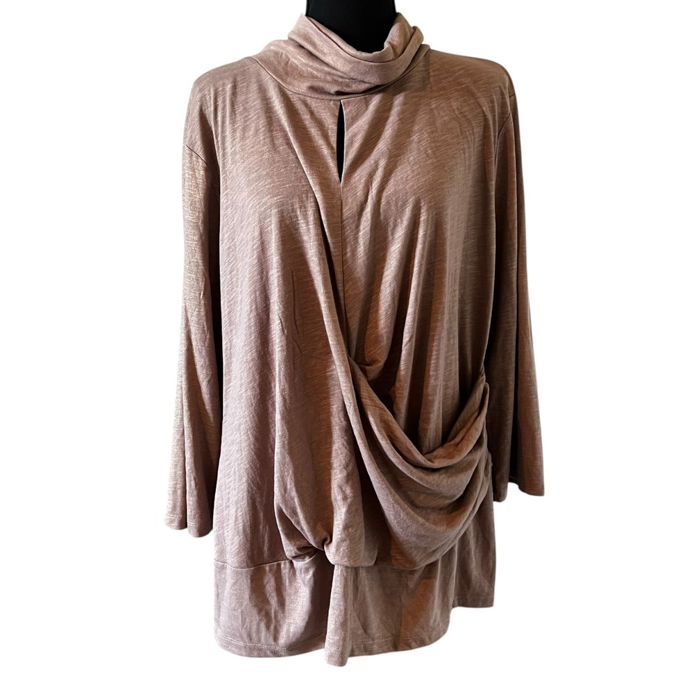 Monroe and Main Women 2X Taupe Mauve Metallic Cowl Neck Ruched Draped Tunic Top